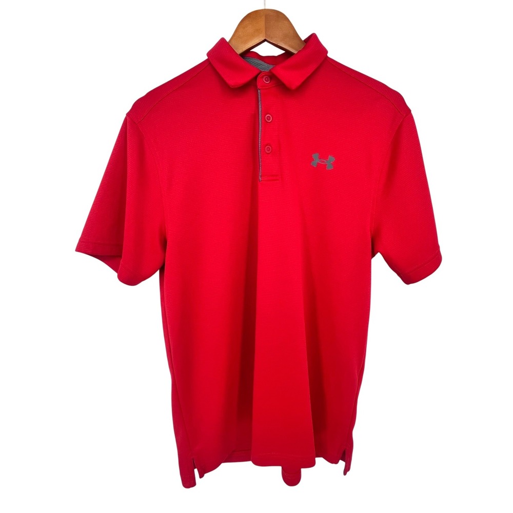 Under Armour Mens Red Performance Polo Shirt Loose Fit HeatGear Size Medium